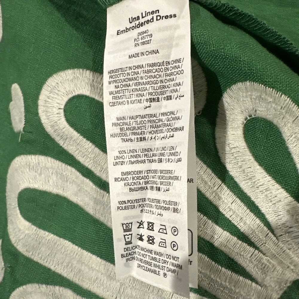 Boden Una Linen Embroidered Maxi Dress US Sz 6 R Green Embroidered Pockets - Picture 7 of 7